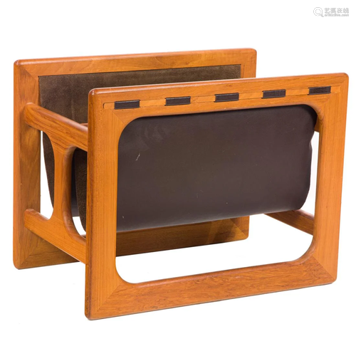 A Danish Modern teak and leather magazine rack