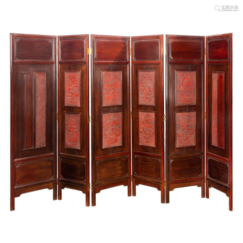 Chinese six-fold hardwood floor screen with cinnabar lacquer...