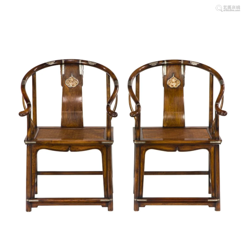 Pair of Chinese huanghuali horseshoe back armchairs