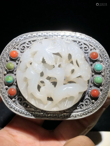 Superb Chinese Qing Dynasty Pure Silver Inlay Hetian Jade &a...
