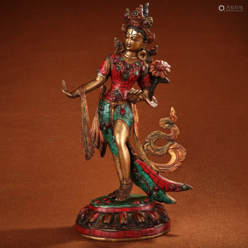 Nepalese Buddhism Gilt Gold Red Copper Inlay Gem Green Tara ...