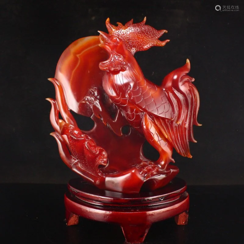 Red Agate Carved Rooster Statue w Certificate