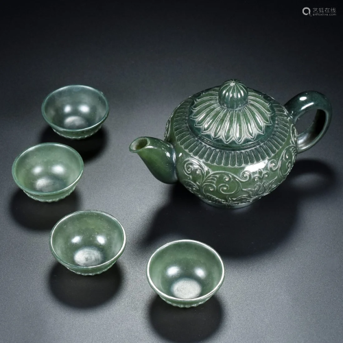 Chinese Green Hetian Jade Low Relief Teapot & Cups