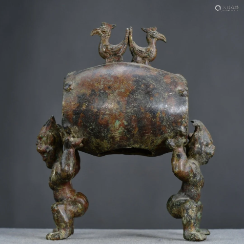 Vintage Chinese Bronze Figure & Drum Statue