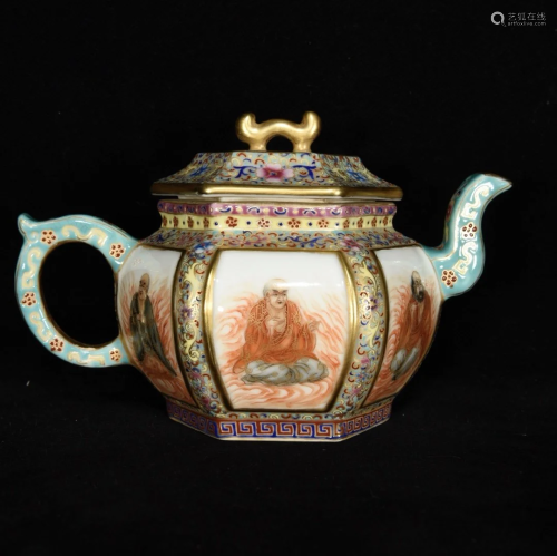 Gilt Gold Enamel Buddhism Arhat Design Porcelain Teapot