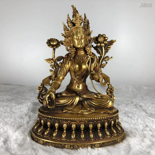 Tibetan Buddhism Gilt Gold Red Copper Tara Boddhisattva Stat...