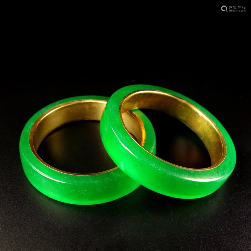 A Pair Chinese Gilt Gold Green Jade Bracelet