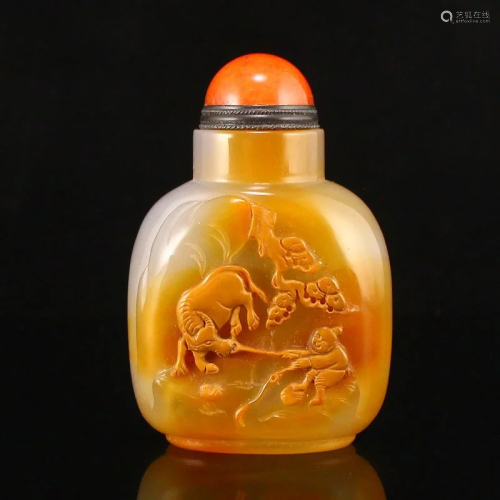 Chinese Agate Low Relief Kid & Ox Snuff Bottle