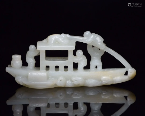 Chinese Qing Dy Hetian Jade Fortune Kid & Boat Statue