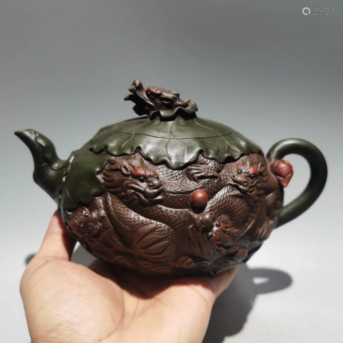 Chinese Yixing Zisha Clay Nine Dragon Teapot & Artist Si...
