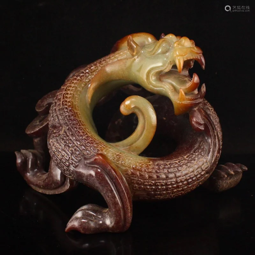 Superb Vintage Chinese Hetian Jade Fortune Dragon Statue