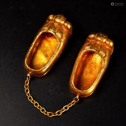 A Pair Chinese Gilt Gold Red Copper Shoes Statue