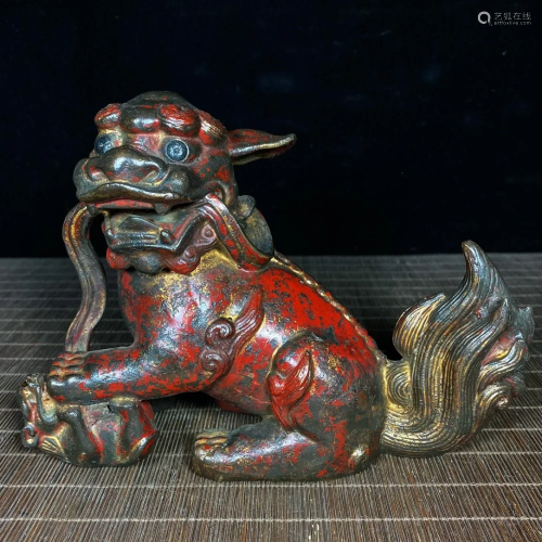 Vintage Chinese Red Copper Lucky Lion Statue