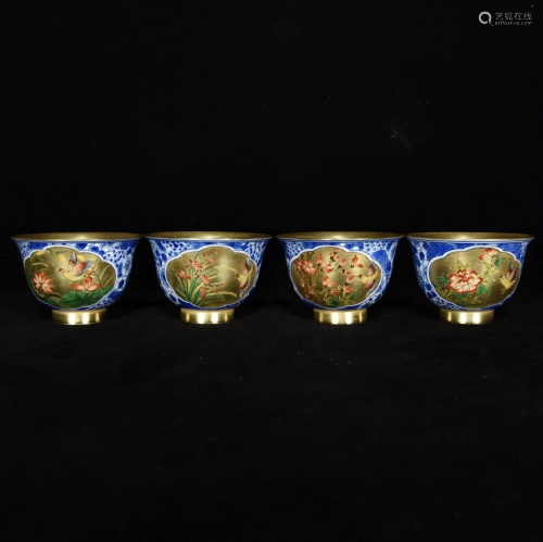 Four Gilt Gold Famille Rose + Blue And White Porcelain TeaBo...