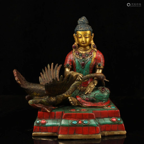 Tibetan Buddhism Gilt Gold Red Copper Inlay Gem Boddhisattva...