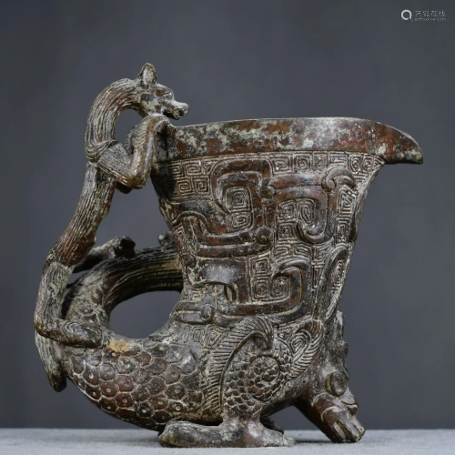 Vintage Chinese Bronze Dragon Phoenix Wine Pot