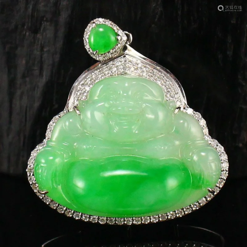 18k White Gold Inlay Jadeite & Diamond Laughing Buddha P...