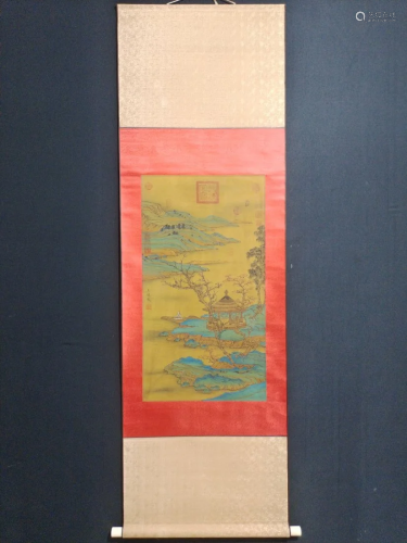 Chinese Watercolour On Silk Mountain River Scene Painting