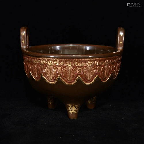 Chinese Gilt Gold Tea Dust Glaze 3 Legs Porcelain Incense Bu...