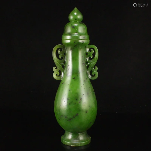 Superb Chinese Green Hetian Jade Double Ears Vase w Lid
