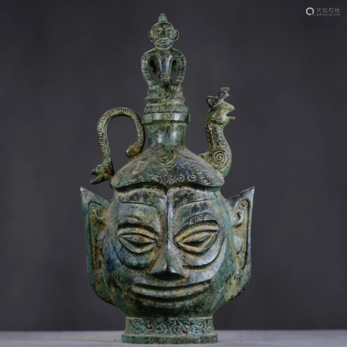 3 Kg Vintage Chinese Bronze Figure Face Wine Pot