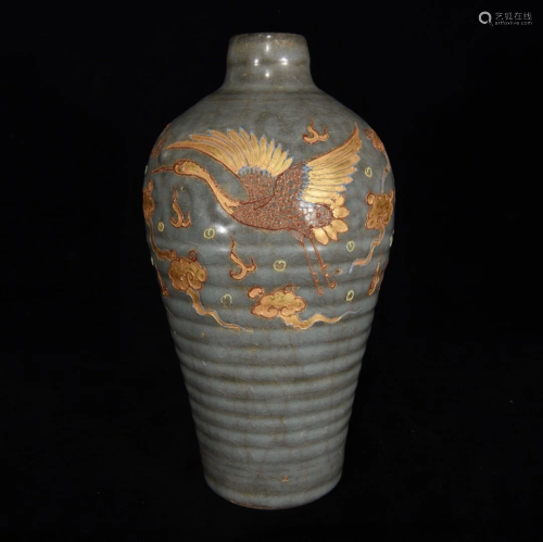 Vintage Chinese Gilt Gold Ru Kiln Crane Porcelain Vase
