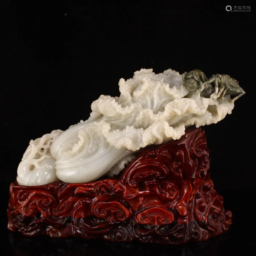 Qing Dy Hetian Jade Fortune Cabbage & Beetle Statue