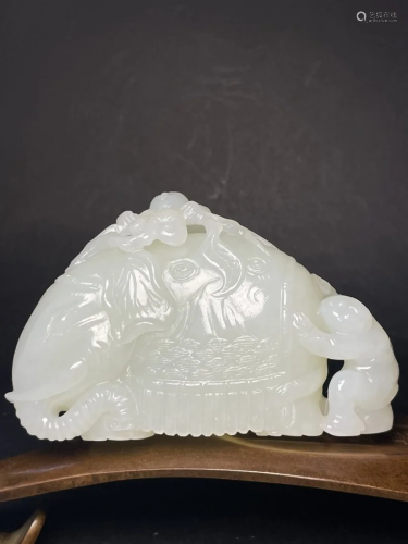 Superb Chinese Natural White Hetian Jade Elephant & Kids...