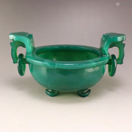 Chinese Green Agate Double Rings Incense Burner w Certificat...