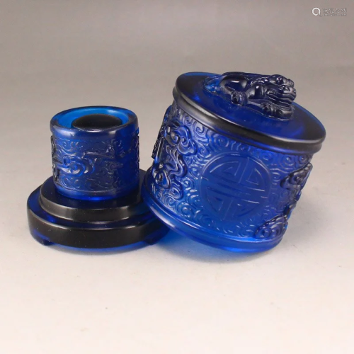 Vintage Chinese Blue Peking Glass Thumb Ring w Box