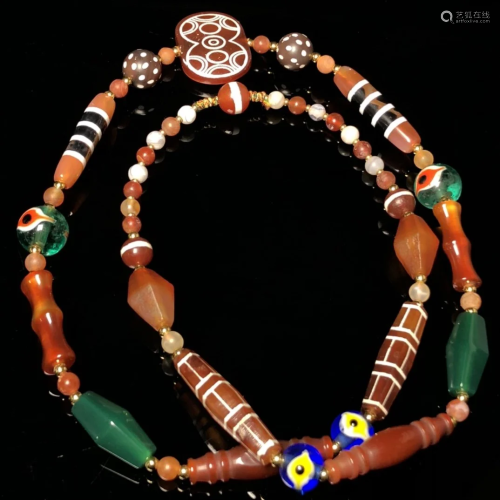 Vintage Tibetan Agate Pendant w Agate Beads Necklace