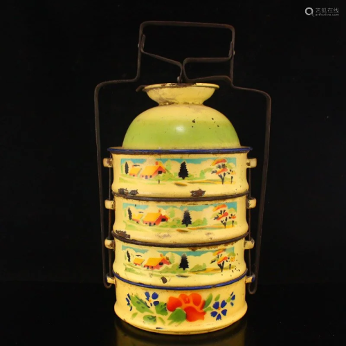 Old Chinese Red Copper Enamel Four Layer Handle Food Box