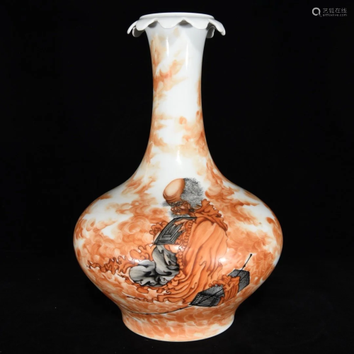 Chinese Iron Red Glaze Buddhism Dharma Design Porcelain Vase