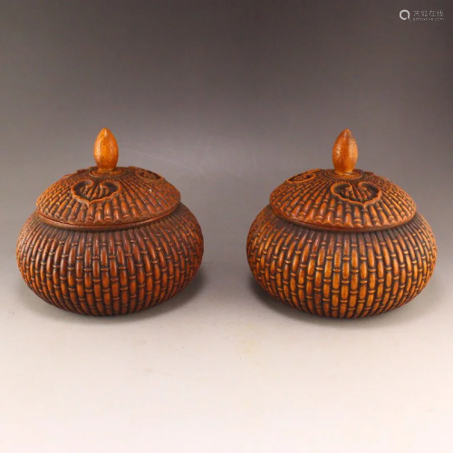 A Pair Vintage Chinese Boxwood Wood Weiqi Pots