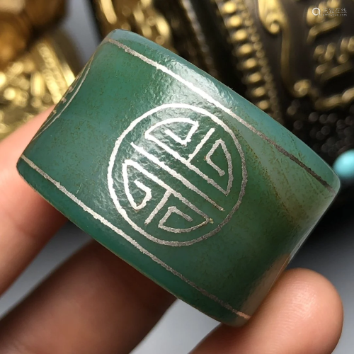 Vintage Green Agate Inlay Silver Wires Thumb Ring