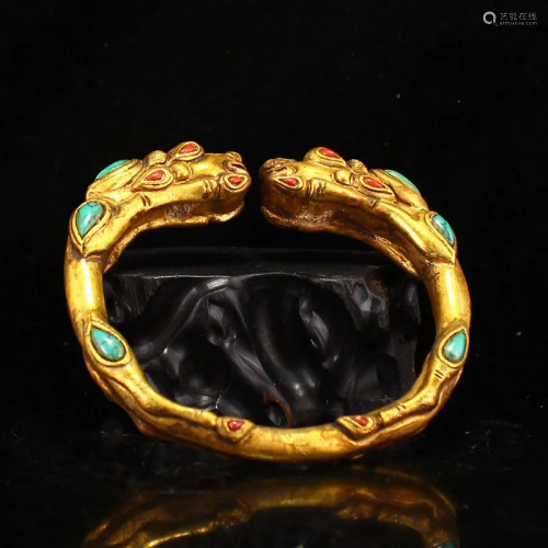 Beautiful Chinese Gilt Gold Red Copper Inlay Gem Dragon Head...