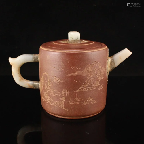 Vintage Chinese Yixing Zisha Clay Inlay Jade Teapot w Artist...