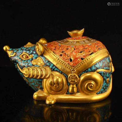 Openwork Chinese Gilt Gold Turquoise Glaze Fortune Mouse Por...