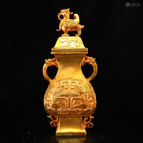 Vintage Chinese Gilt Gold Red Copper Double Dragon Ear Vase ...