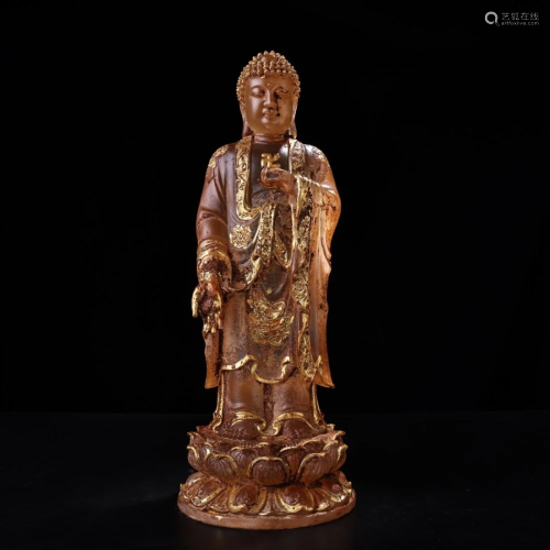 Vintage Chinese Gilt Gold Crystal Sakyamuni Statue