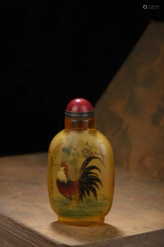 Chinese Peking Glass Inside Painting Roosters Snuff Bottle