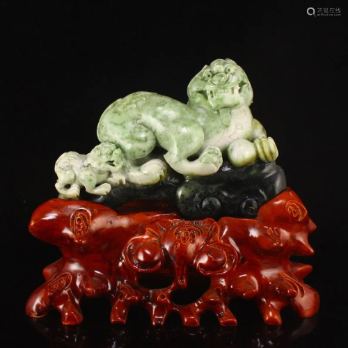 Excellent Chinese Dushan Jade Ruyi Double Beasts Statue