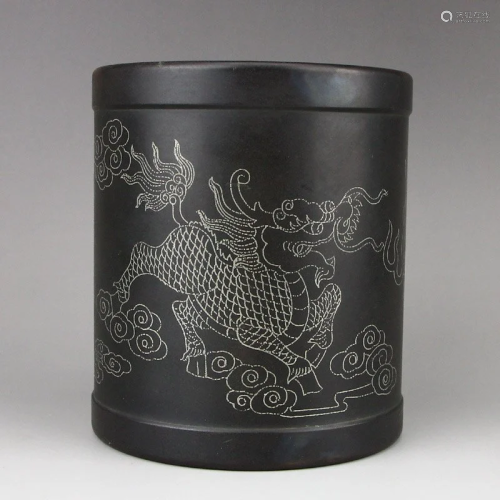 Vintage Chinese Bronze Inlay Silver Wires Kylin Brush Pot