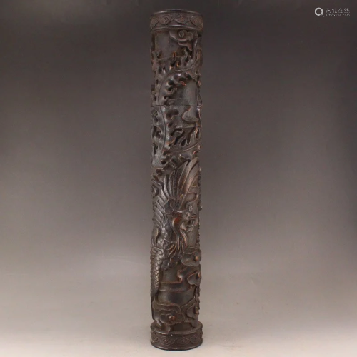 Vintage Chinese Zitan Wood Burner Tube Carved Phoenix