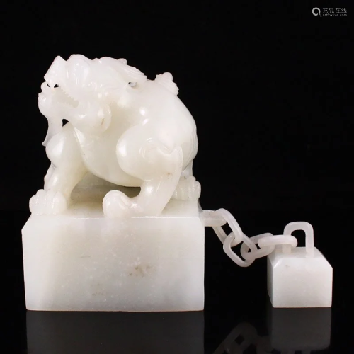 Superb Chinese Qing Dy Hetian Jade Divine Beast Double Seals