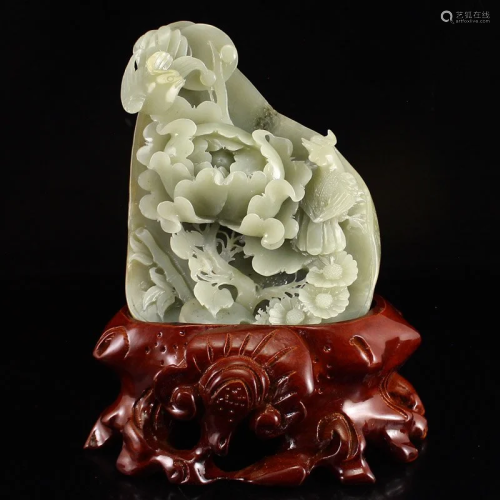 Chinese Natural Hetian Jade Statue - Magpie & Peony w Ce...