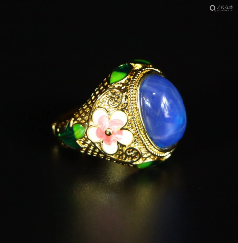 Chinese Gilt Gold Red Copper Enamel Inlay Gem Ring