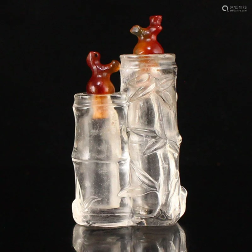 Vintage Chinese Crystal Bamboo Shape Conjoined Snuff Bottle ...