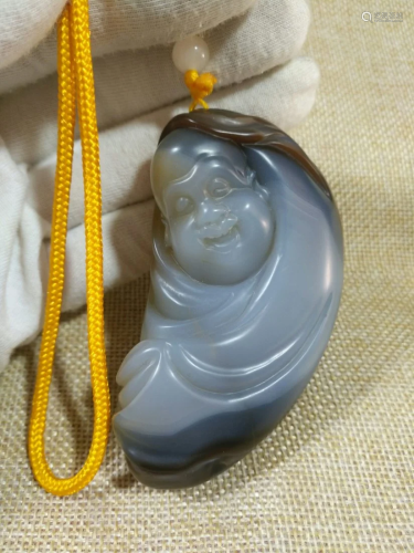 Chinese Agate Laughing Buddha Pendant
