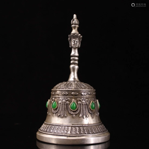 Tibetan Buddhism White Copper Inlay Gem Bell
